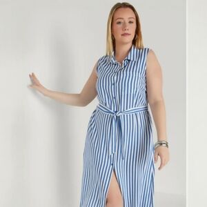 NWT Ashley Stewart Striped Midi Shirt Dress Sleeveless Rayon Blue & White 14/16